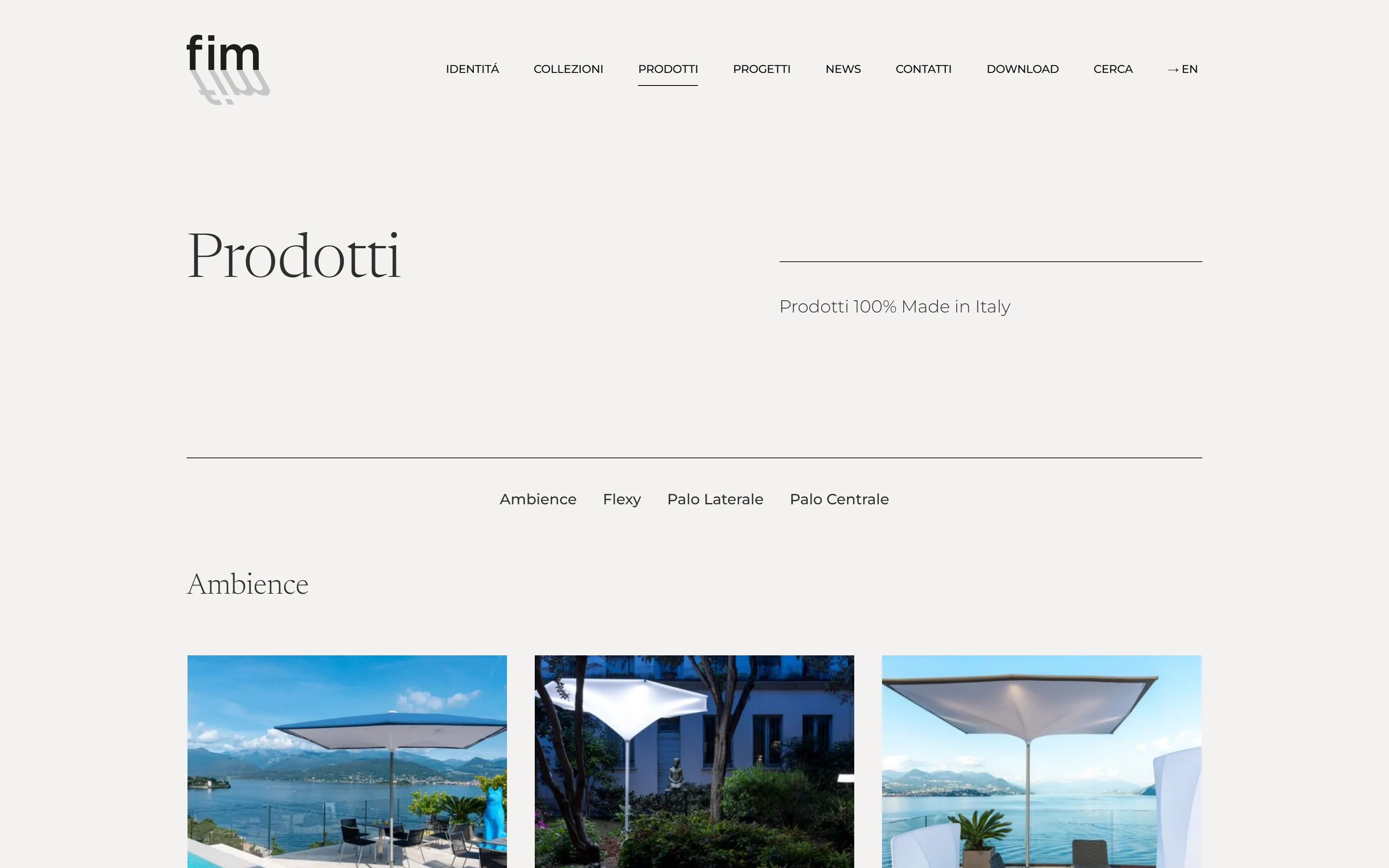 Faqja e produkteve të FIM me koleksionet e ombrellëve (Ambience, Flexy, Palo Centrale, Palo Laterale)