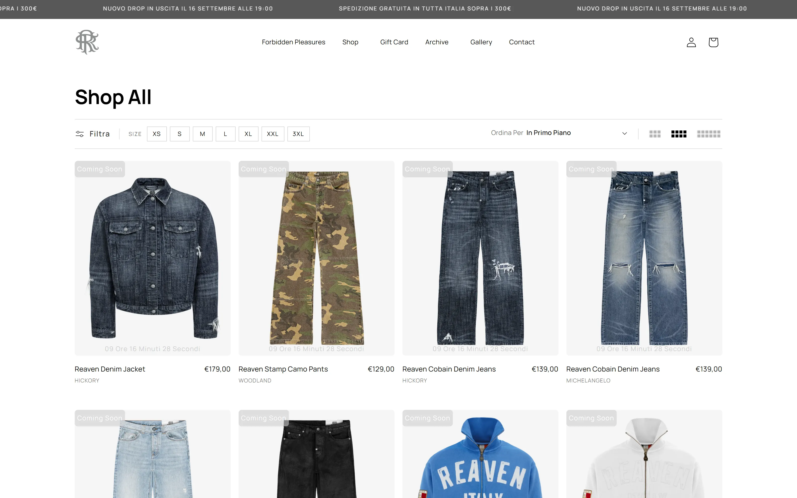 Shop All page after the 2026 restyling: size filters, sorting and a four-column grid with photo, name, price and colour