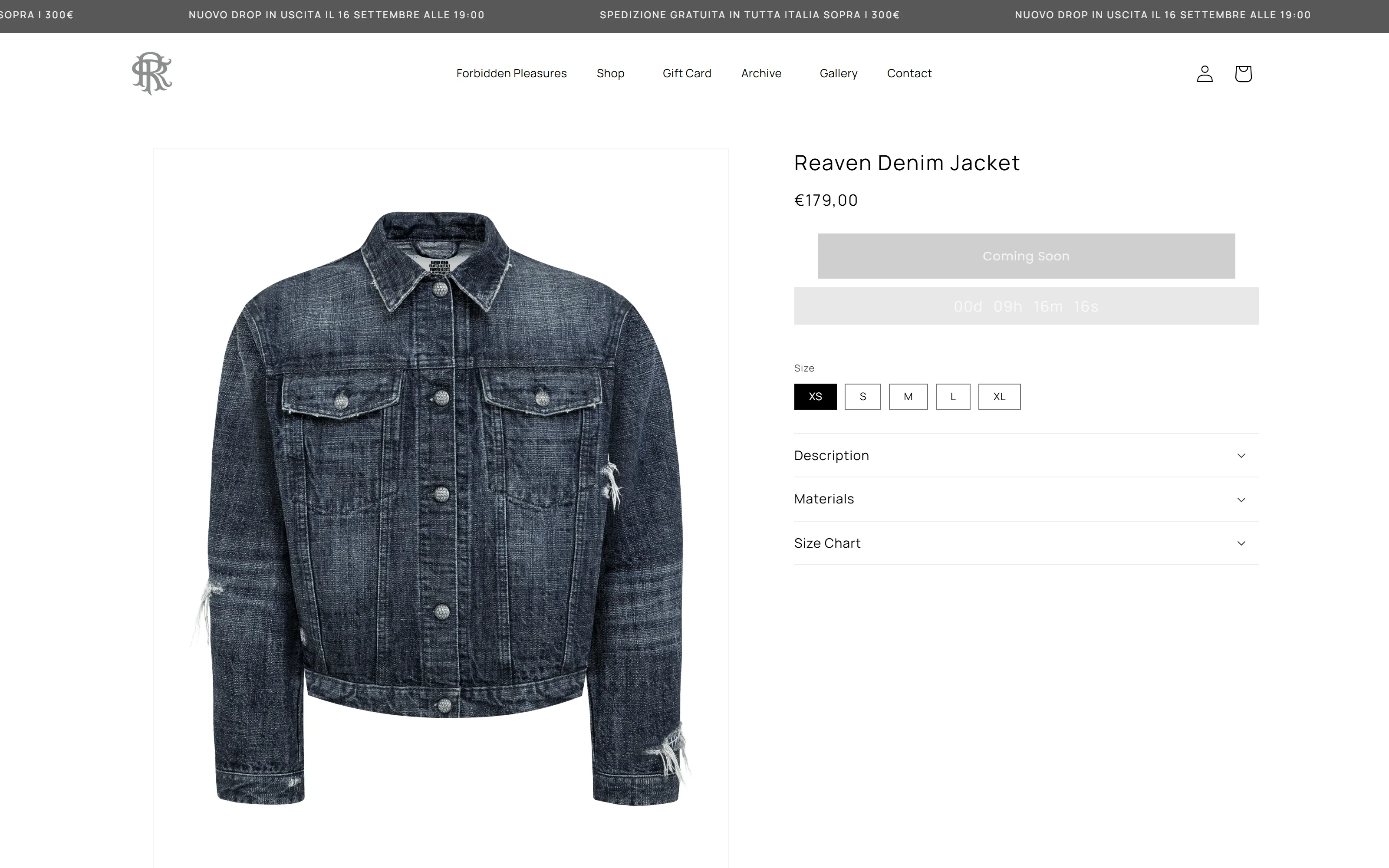 Reaven Denim Jacket product page after the 2026 restyling: large photo, price, sizes and the description, materials and size chart sections