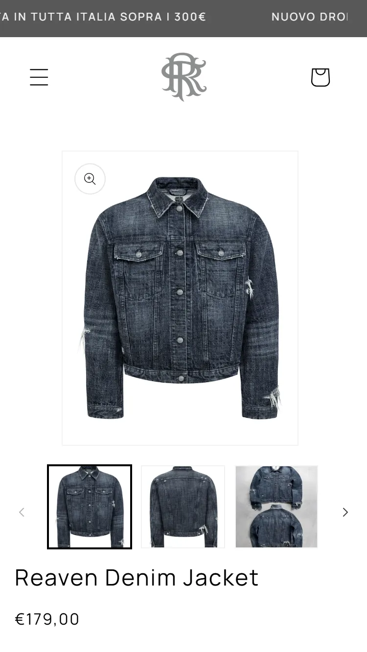 Denim Jacket product page on a smartphone after the 2026 restyling: photo, price and size selection