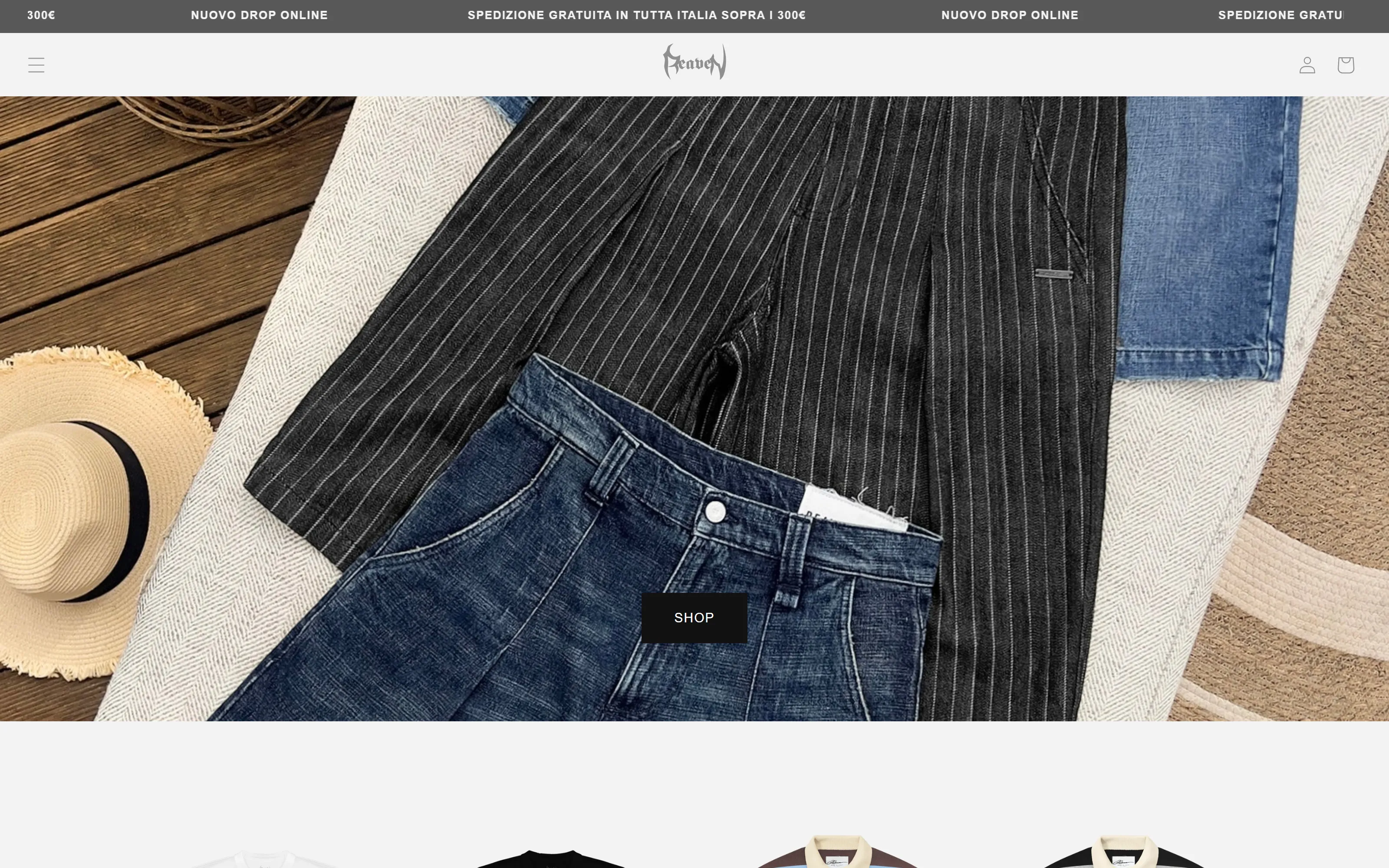 Reaven store home page: lifestyle photo hero with new-drop announcement bar and free shipping