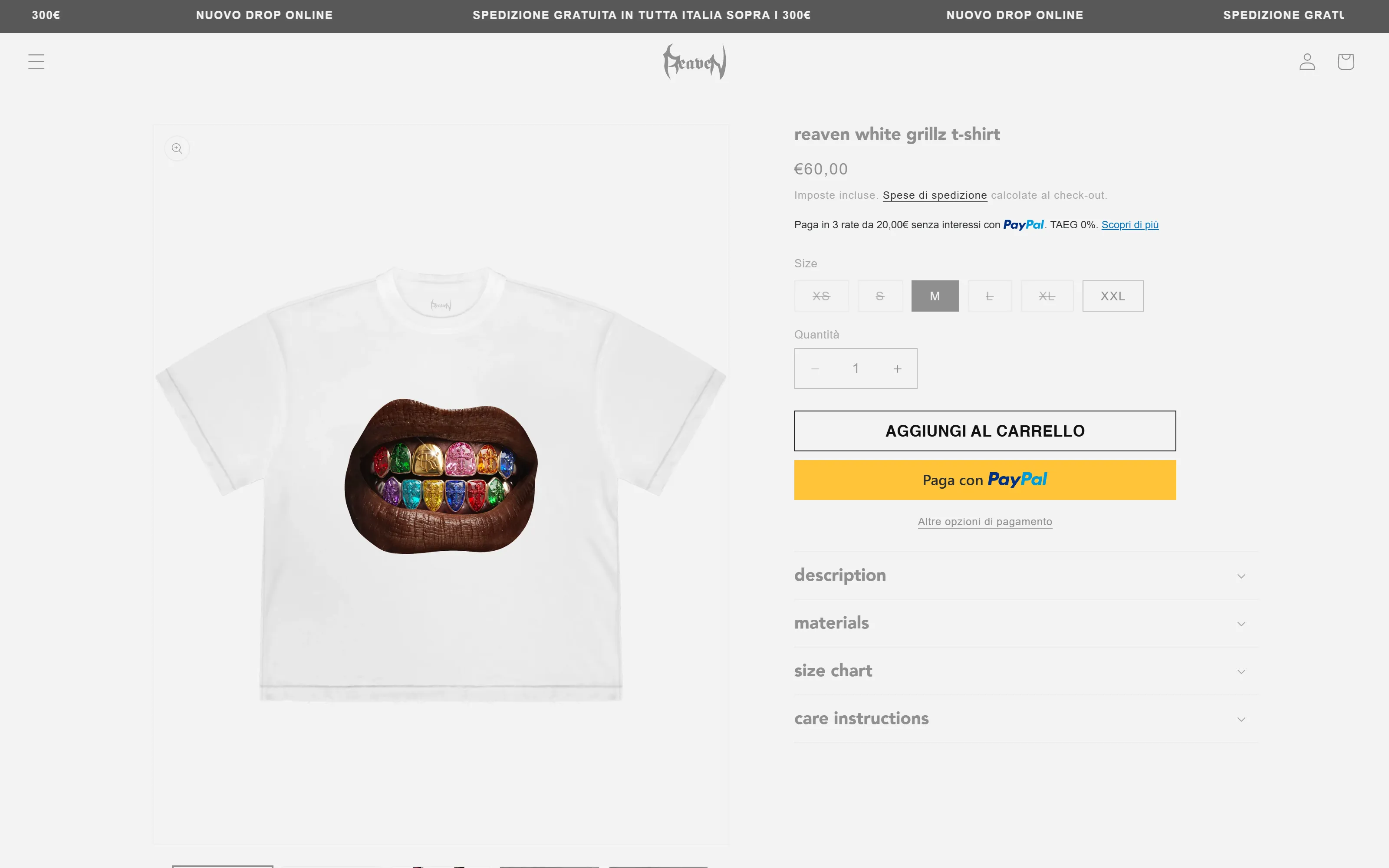 White grillz t-shirt product page: size selector, PayPal express checkout, materials and care sections