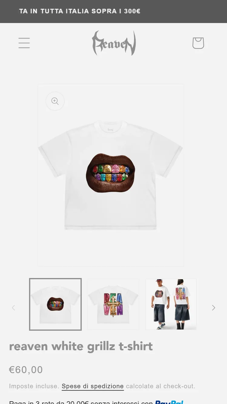 White grillz t-shirt product page on a smartphone, with gallery and variants