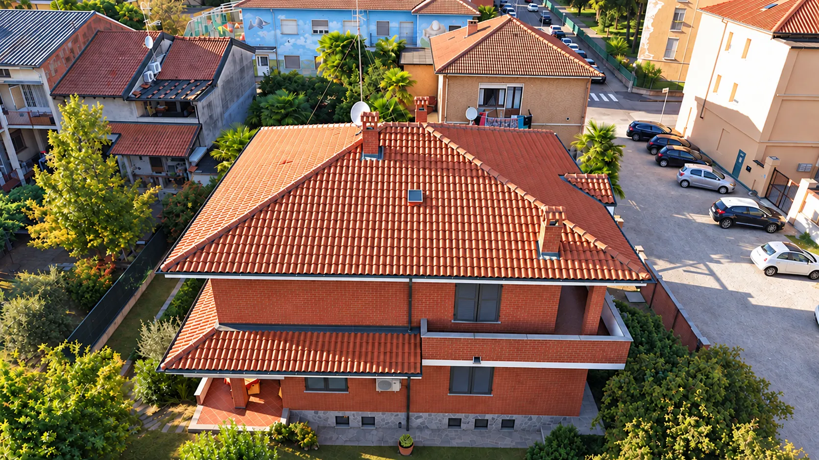 Veduta aerea di fianco dal drone, con il giardino laterale e il muro di cinta